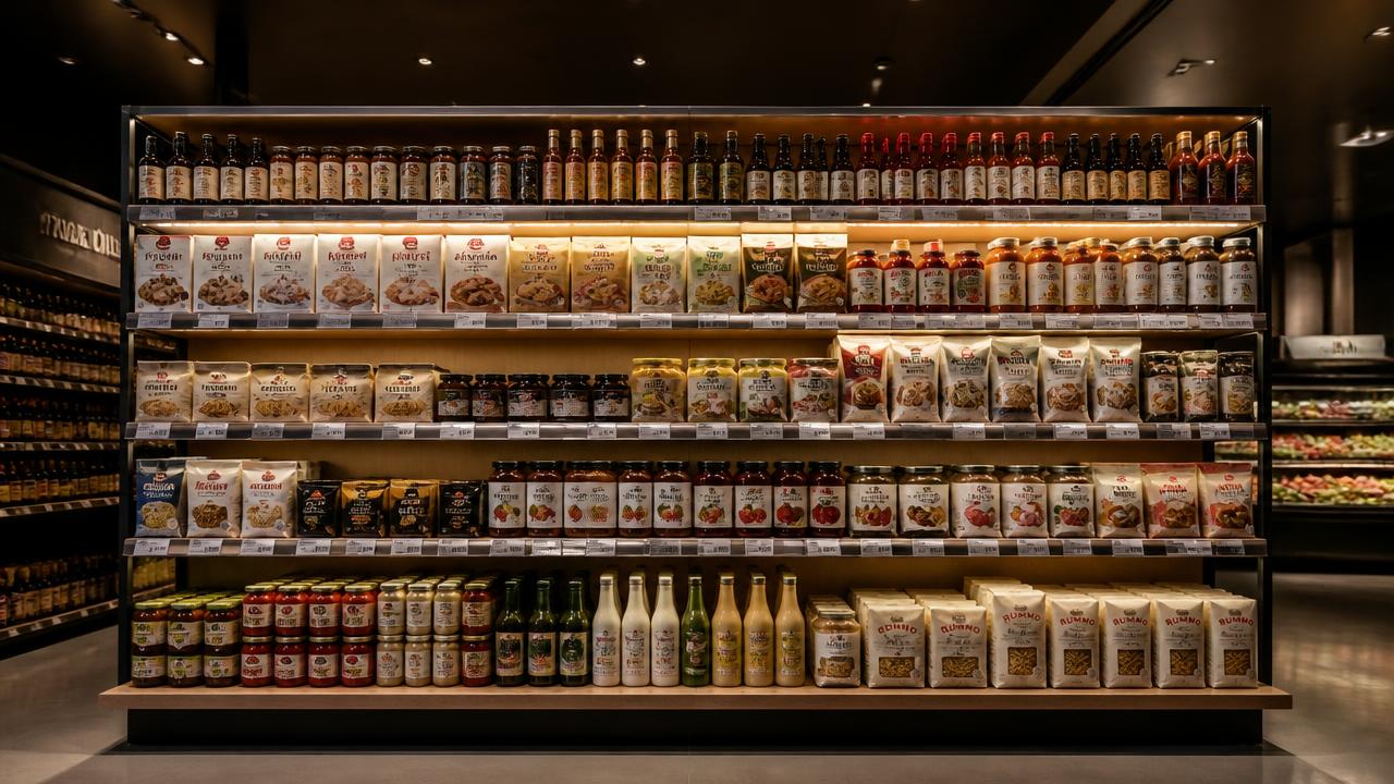 Gôndola de supermercado organizada com produtos bem expostos e preços visíveis